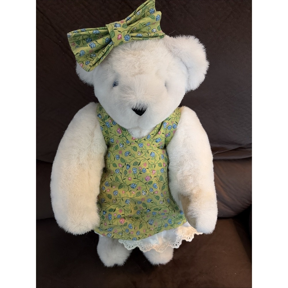 Vermont Teddy Bear Plush Dress Bow Stuffed Animal 15" Fully Jointed Cottagecore